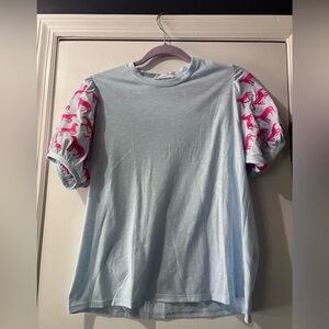 THML Sky Blue Top with Pink, Horse Patterned Sleeves